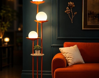 Mid-Century Modern Orange Globe Floor Lamp with Shelf, Dimmable Standing Light (Bulbs Included)