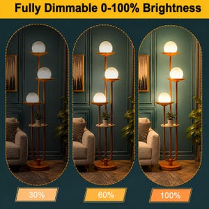 May include: A floor lamp with a metallic frame and three tiers, each featuring a white spherical glass shade and a small circular shelf holding a potted plant. The text Fully Dimmable 0-100% Brightness is displayed with 30%, 60%, and 100% labels.