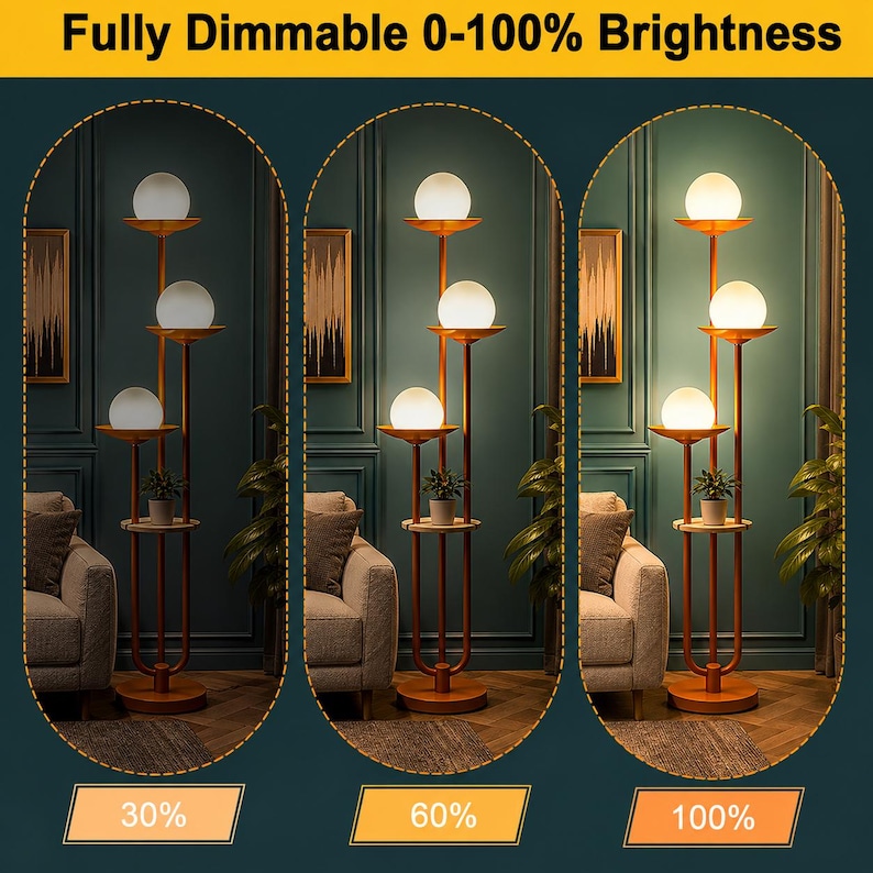 May include: A floor lamp with a metallic frame and three tiers, each featuring a white spherical glass shade and a small circular shelf holding a potted plant. The text Fully Dimmable 0-100% Brightness is displayed with 30%, 60%, and 100% labels.