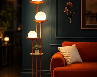 Mid-Century Modern Orange Globe Floor Lamp with Shelf, Dimmable Standing Light (Bulbs Included)