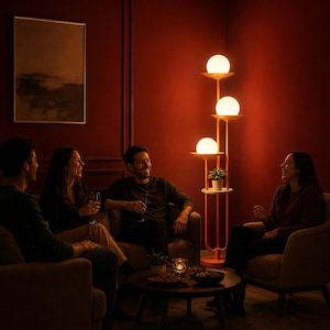May include: A tall floor lamp with a thin metal frame and three stacked, spherical white glass globes that emit a warm glow. The lamp features a small circular shelf holding a potted plant, positioned on a circular base in a dimly lit room.