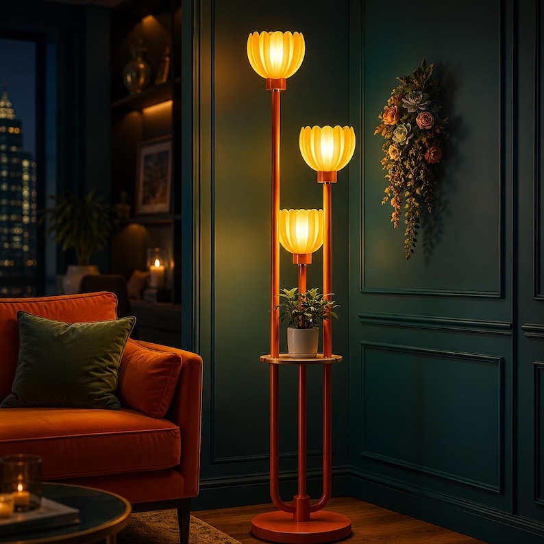 May include: A tall orange floor lamp featuring three vertical poles of varying heights, each topped with a glowing, lotus-shaped yellow glass shade. A circular shelf is integrated into the structure, holding a small potted green plant.