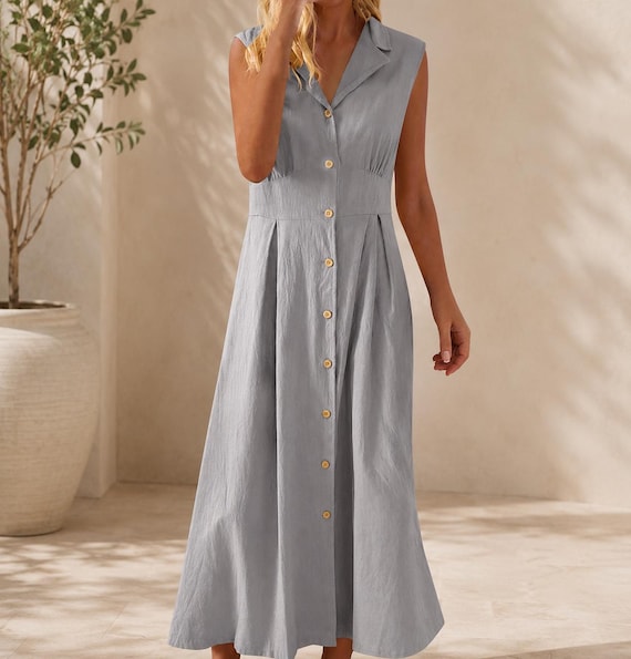 collared a line dress Cotton Linen Maxi | Sleeveless Button Front A-line Summer Dress | Solid Color A-line Dress Color:Transparent it balances relaxed volume ClothingBackStyle: open_back Lizzo Wears Jean Paul