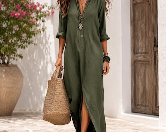 Baumwolle Leinen Boho Maxi Kleid | Knopf vorne Loose Fit Beach Style - Lässig Boho bodenlang