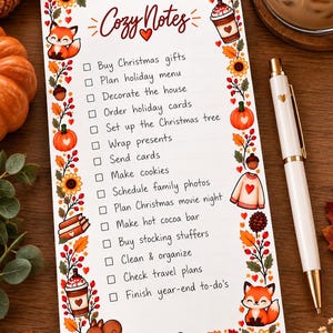 May include: A rectangular notepad titled Cozy Notes with a checklist of holiday tasks. The border features illustrations of foxes, pumpkins, sunflowers, acorns, and hot cocoa. A white pen with a gold heart clip rests beside the notepad.