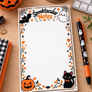 May include: A rectangular notepad with a white center and a decorative border featuring orange pumpkins, black bats, white ghosts, and black cats. The top of the notepad displays the text Spooktacular Notes in black and orange lettering.