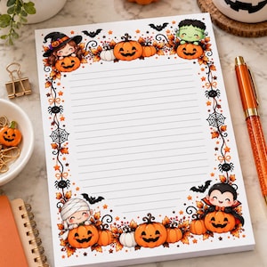 May include: A rectangular notepad with horizontal lines, featuring a decorative border of orange pumpkins, autumn leaves, bats, spiders, spiderwebs, and cartoon characters including a witch, a mummy, a vampire, and a green monster.