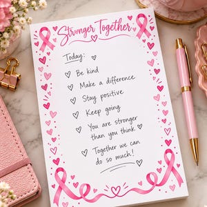 May include: A white notepad featuring a pink border of hearts and breast cancer awareness ribbons. The text reads: Stronger Together, Today: Be kind, Make a difference, Stay positive, Keep going, You are stronger than you think, Together we can do so much!