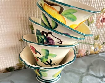 Vintage Hand-Painted Ceramic Fruit Dessert Cups Set of 5 Mid-Century Teal Rim Cottage Core