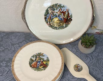 Vintage Porcelain Cake Dessert Set Courting Couple Rococo Scenes Gold Lace 7 Pc