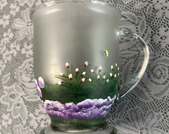 Pair Stacey Lear Hand Painted Frosted Glass Pedestal Mugs Folk Art Floral and Card