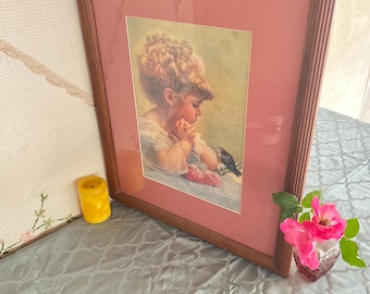 Vintage gerahmter Druck Frühling des Lebens Viktorianisches Mädchen Bluebird Pink Mat 14x16 Farblitho