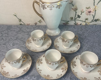 Antique C.S. Prussia Porcelain Demitasse Set 11 Pc White Gold Art Nouveau