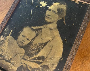 Antique Tintype Ferrotype Portrait Woman Child Victorian Pressed Metal Frame