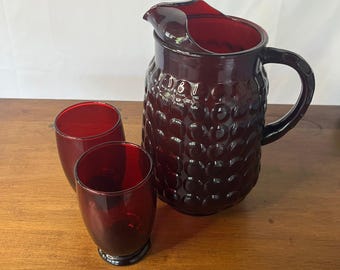 Vintage Ruby Red Glass Pitcher Bubble Pattern + Tumbler Anchor Hocking Style