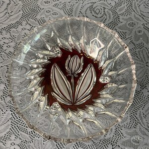 Vintage Ruby Red Flashed Crystal Bowl Cut to Clear Frosted Tulip Gold Trim Glass
