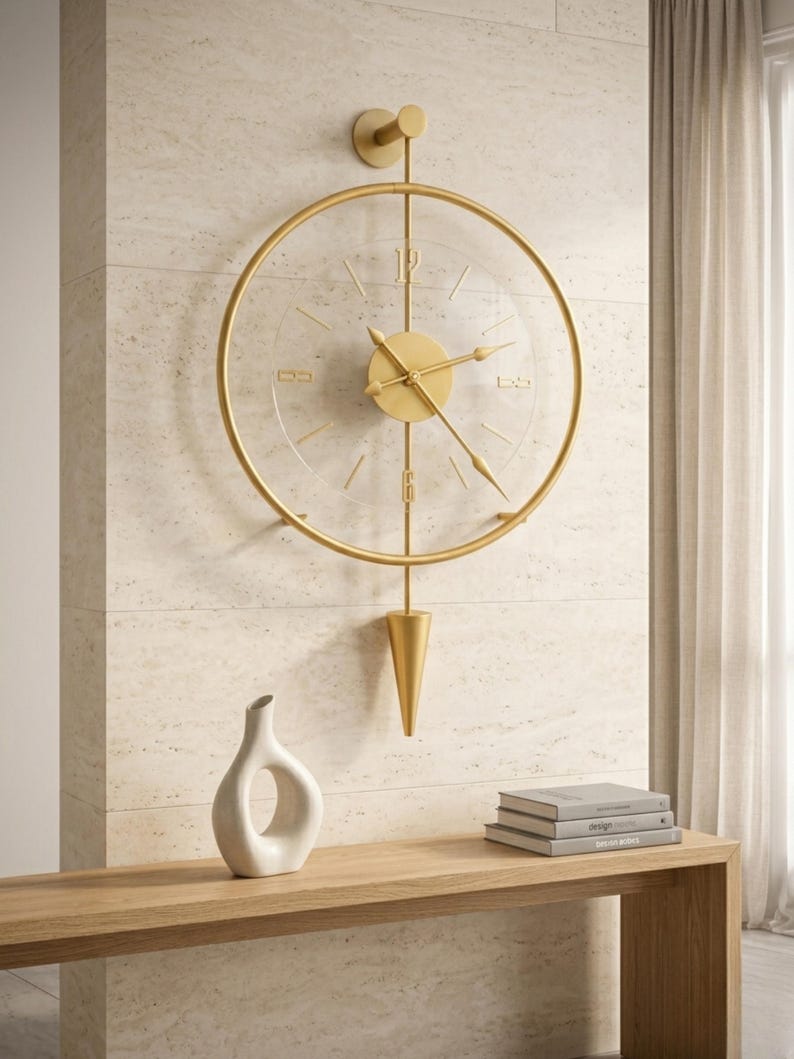 May include: A wall-mounted clock featuring a circular gold frame and a transparent face. The clock has gold hands, a central gold disc, and a vertical gold rod extending to a cone-shaped pendulum. The numbers 12 and 6 are displayed in gold.