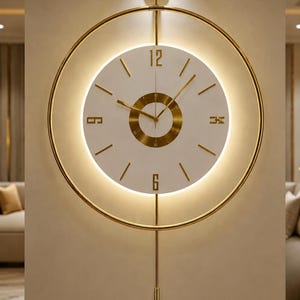 Puede incluir: Un reloj de pared circular con esfera blanca y números dorados en las posiciones 12, 3, 6 y 9, rodeado por un fino anillo de metal dorado. El reloj incluye un detalle central circular dorado, manecillas doradas y una varilla de péndulo vertical.