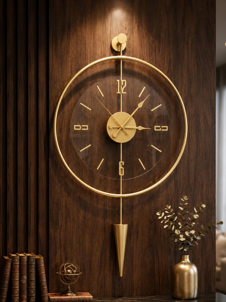 May include: A circular wall clock with a gold-toned metal frame and a transparent face. It features gold-toned hands, a central circular plate, and the numbers 12 and 6. A vertical rod extends from the top to a cone-shaped pendulum at the bottom.
