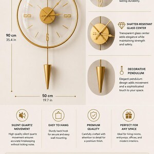 May include: A gold-colored wall clock with a transparent glass center, gold hands, and a gold pendulum. The clock features a circular metal frame, measures 35.4 inches in height and 19.7 inches in width, and includes a silent quartz movement mechanism.