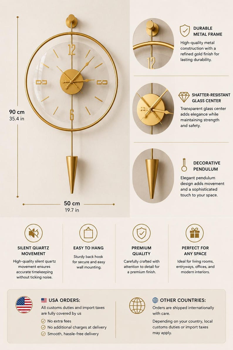 May include: A gold-colored wall clock with a transparent glass center, gold hands, and a gold pendulum. The clock features a circular metal frame, measures 35.4 inches in height and 19.7 inches in width, and includes a silent quartz movement mechanism.