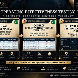 Op de afbeelding: Een zwart-gouden infographic getiteld SyNERDgy Solutions met drie stappen: de basis bouwen met een interne controlematrix, de werking testen met een sjabloon voor effectiviteitstests en het complete beeld krijgen met een intern controlesysteem.