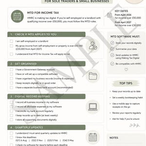 May include: A Making Tax Digital checklist for sole traders and small businesses. The document outlines five steps including checking MTD applicability, getting organized, digital record keeping, quarterly updates, and final tax declarations.