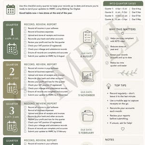 May include: A MTD for Income Tax quarterly checklist for self-employed businesses. The document features four quarters of tasks, including recording income, expenses, and VAT, with specific due dates for HMRC submissions and helpful tax tips.