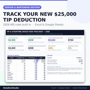 May include: A digital spreadsheet template for Excel and Google Sheets titled Tip & Overtime Deduction Tracker 2026. The interface displays financial data, including YTD qualified tips, overtime premiums, estimated deductions, and tax savings.
