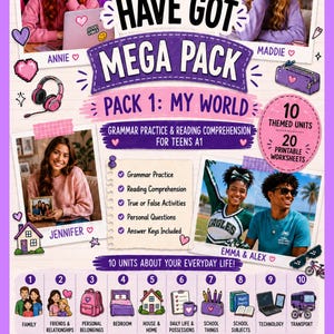 以下が含まれることがあります： Have Got Mega Pack Pack 1: My Worldというタイトルのデジタル教材で、10代向けの文法練習と読解問題が含まれています。紫を基調としたレイアウトには、生徒の写真、10個のユニットアイコン、アクティビティのリストが掲載されています。