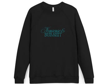 Trui met onzin en onzin | Blauwgroen typografie, zwarte ronde hals