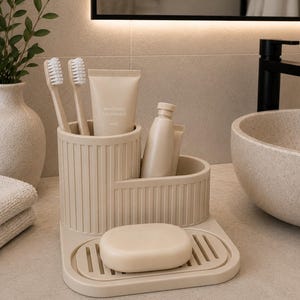 Modern Bathroom Organizer with Soap Tray | Toothbrush Holder | Toothpaste Storage | Bathroom Counter Organizer | Vanity Organizer