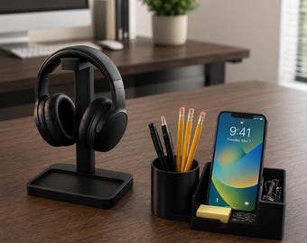 Modern Desk Organizer Set, Headphone Stand, Phone Holder, Pen Cup, Matte Black | Set of 2