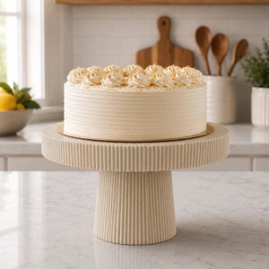 May include: A round, off-white cake stand with a vertical ribbed texture on the base and rim. The stand features a wide, flat circular top supported by a thick, tapered pedestal base, providing a stable platform for a frosted cake.