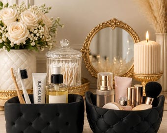 Set of 2 | Luxury Tufted Vanity Organizer Set | Bathroom Storage Basket | Makeup Brush Holder | Cotton Pad Organizer