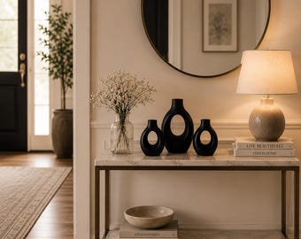 3er Set moderne schwarze hohle Vasen | Minimalistisches Donut-Dekor, skandinavischer Akzent