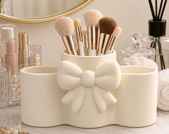 Coquette Bow Makeup Brush Holder | 3-Compartment Vanity Organizer, Cosmetic Storage