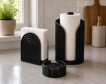 Modern Arch Küchenarbeitsplatte Set | Küchenrollenhalter, Serviettenhalter, Untersetzer | 3er Set