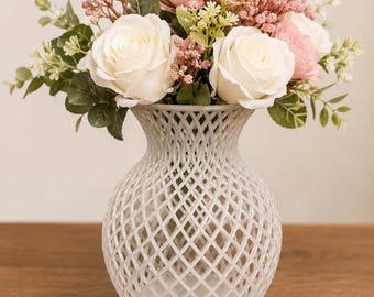 Moderne geometrische Gittervase - Zeitgenössische Wohnkultur - Tischdekoration - Weiße offene Gewebevase