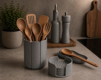 Modernes Küchen-Aufbewahrungs-Set | Arbeitsplatten-Utensilienhalter & Löffelablage | Landhaus Küche Dekor