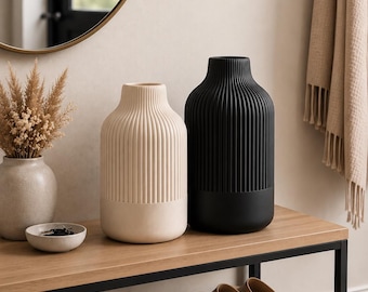 Set of 2 | Modern Decorative Vases | Ribbed Centerpiece | Entryway & Coffee Table Decor