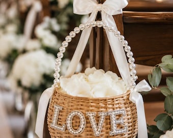 Pearl Handle Rattan Flower Girl Basket, Rhinestone LOVE Wedding Prop (Faux Rattan)