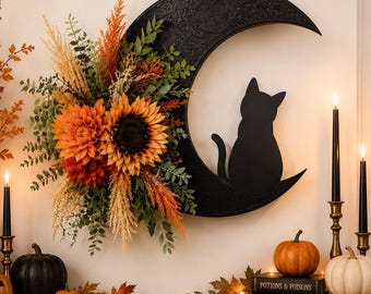Halloween Cat Moon Wreath, Sunflower Fall Door Hanger, Autumn Front Door Decor