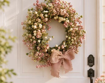 Pink Floral Wreath, Artificial Spring Wedding Decor, Farmhouse Door Hanging (30cm)