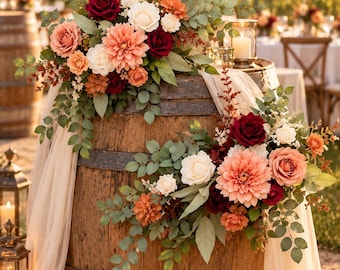 Burgundy Terracotta Rose Eucalyptus Swag Set, 2-Piece Wedding Arch Flowers, Rustic Chair Back Decor