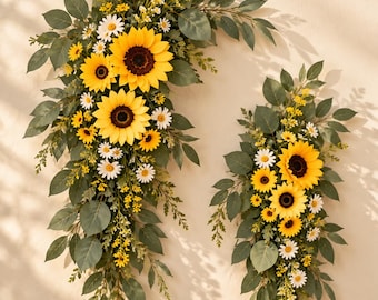 Sunflower Eucalyptus Swag Set, 2-Piece Floral Wall Hanging, Spring Wedding Decor
