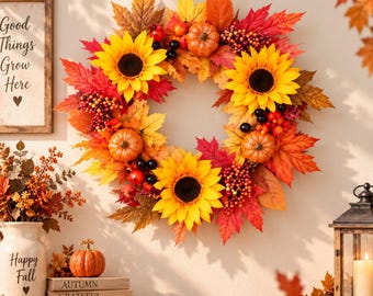 Sunflower Pumpkin Fall Wreath, Autumn Maple Leaf Door Decor, Harvest Halloween Front Door Decoration