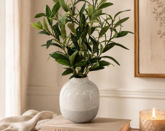 Realistic Artificial Olive Plant 14" | Two-Tone Ceramic Vase, Boho Decor