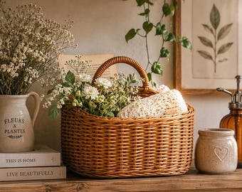 Rattan Wicker Basket with Handle, Boho Farmhouse Storage Organizer, Picnic Garden Home Decor