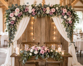 Artificial Rose Swag Set, Dusty Rose Mauve Blush White Eucalyptus Arch Flowers